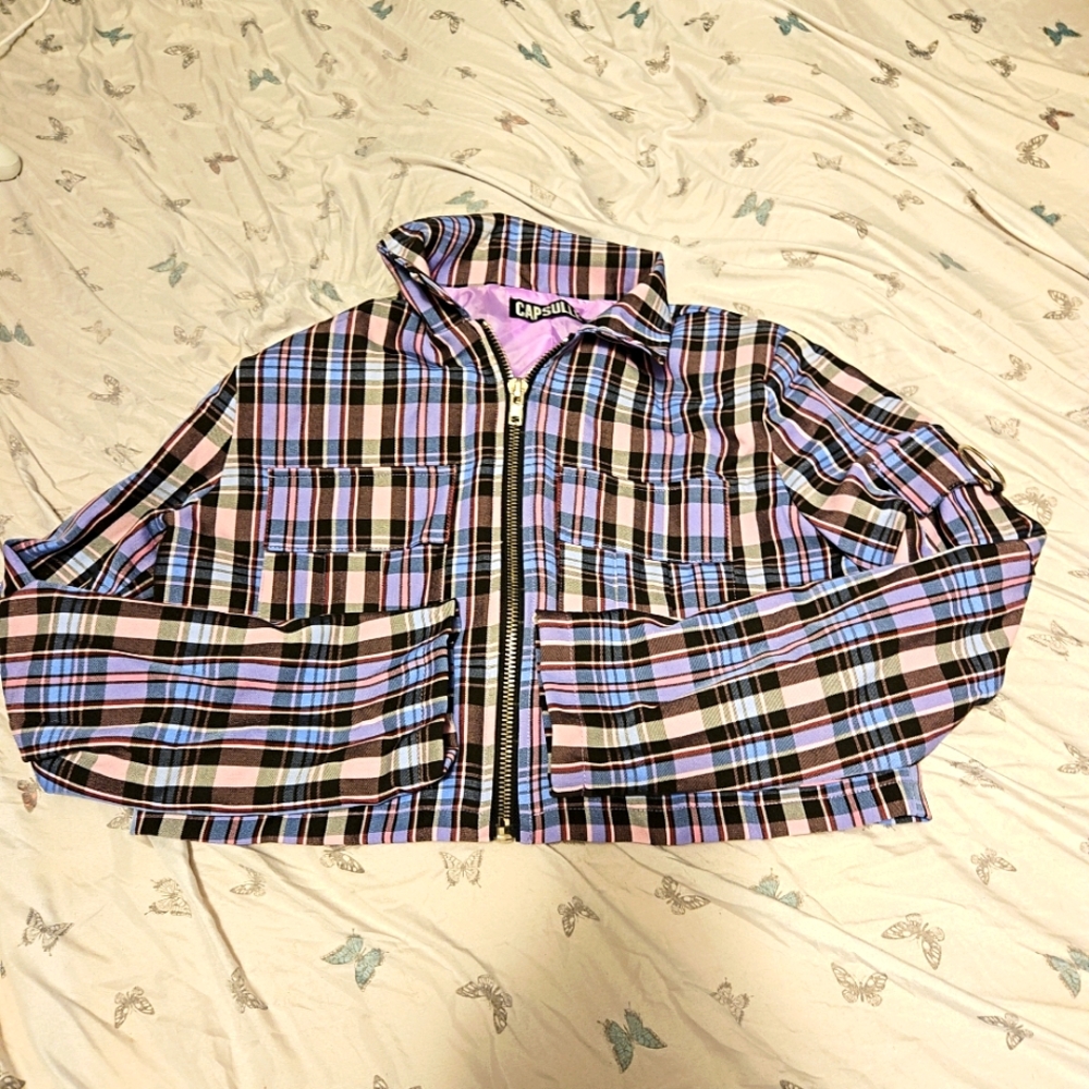 Blue Plaid Cropped Zipup Jacket